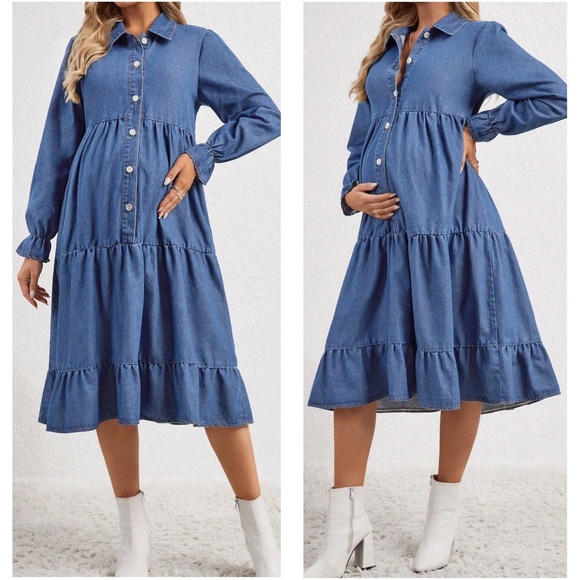 Maternity medium Wash Button up Denim Dress - Picture 2 of 4